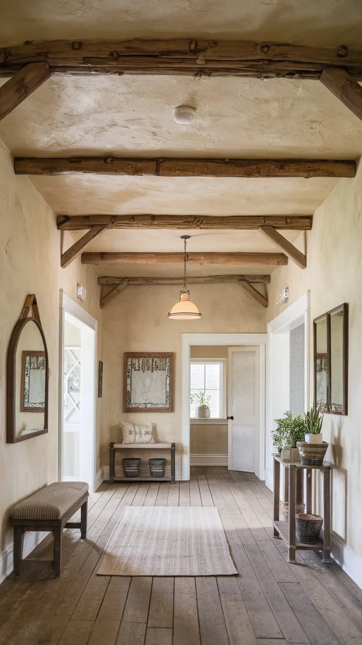 Warm beige walls and a worn wooden floor complement the textured ceiling and faux wood beams in this inviting farmhouse foyer.