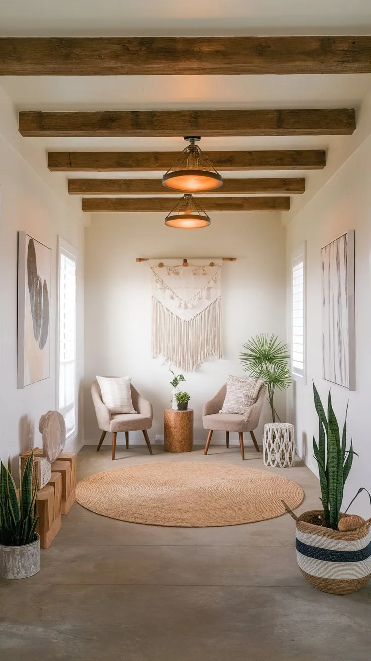 Warm lighting highlights faux wood beams in a boho farmhouse foyer ceiling above a cozy seating area