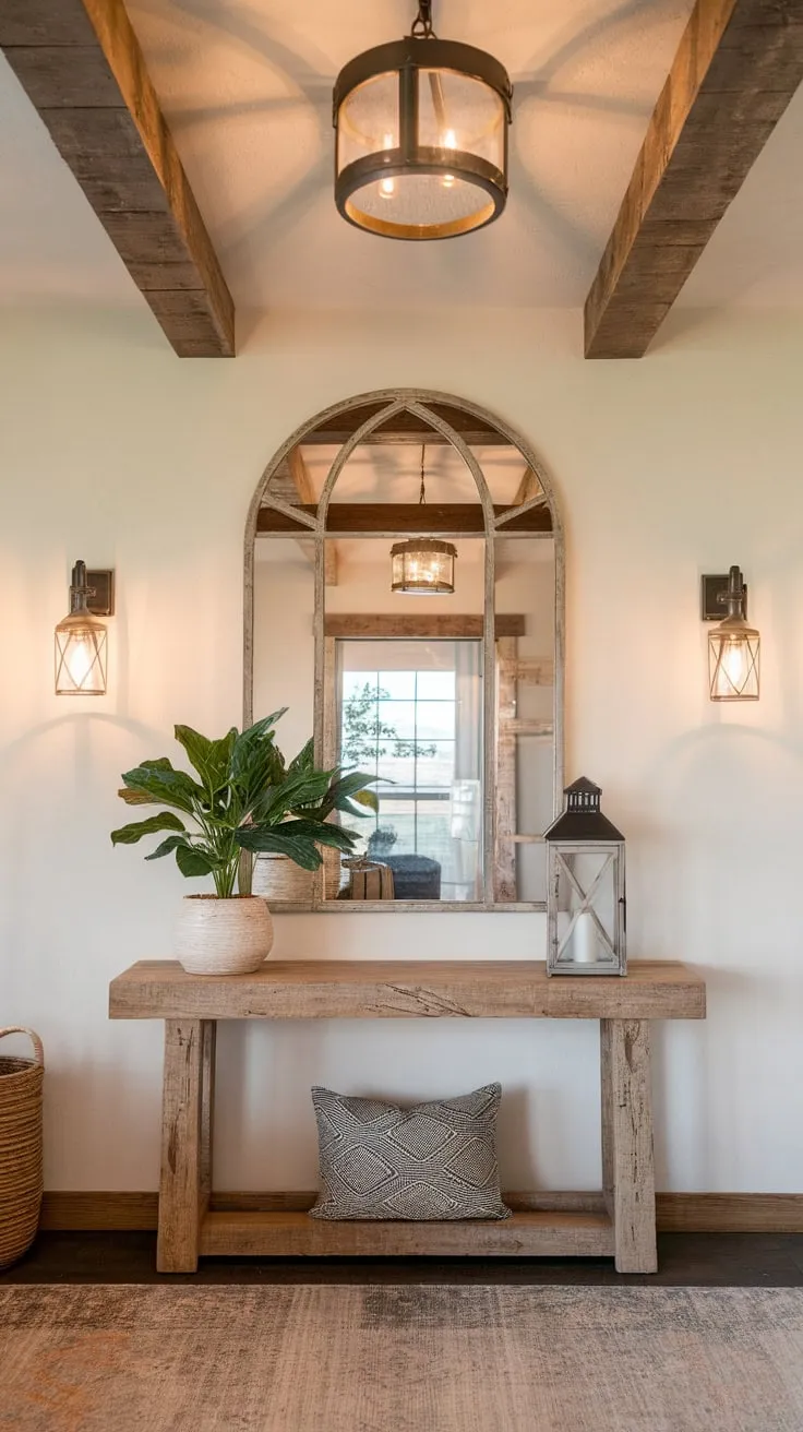 Warm lighting highlights a farmhouse foyer's boho charm, accented by faux wood beams and a large mirror above a console table