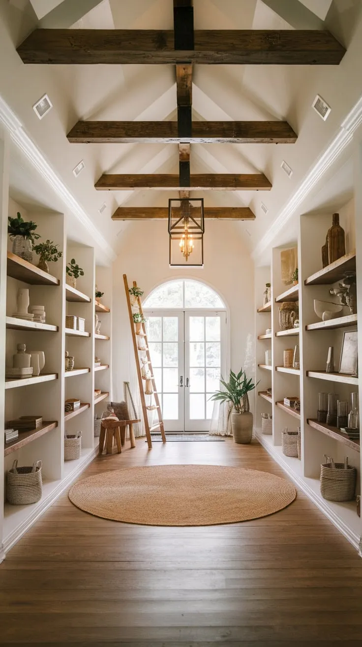 Warm lighting and faux wood beams accentuate the high ceiling of a charming boho-style farmhouse foyer.
