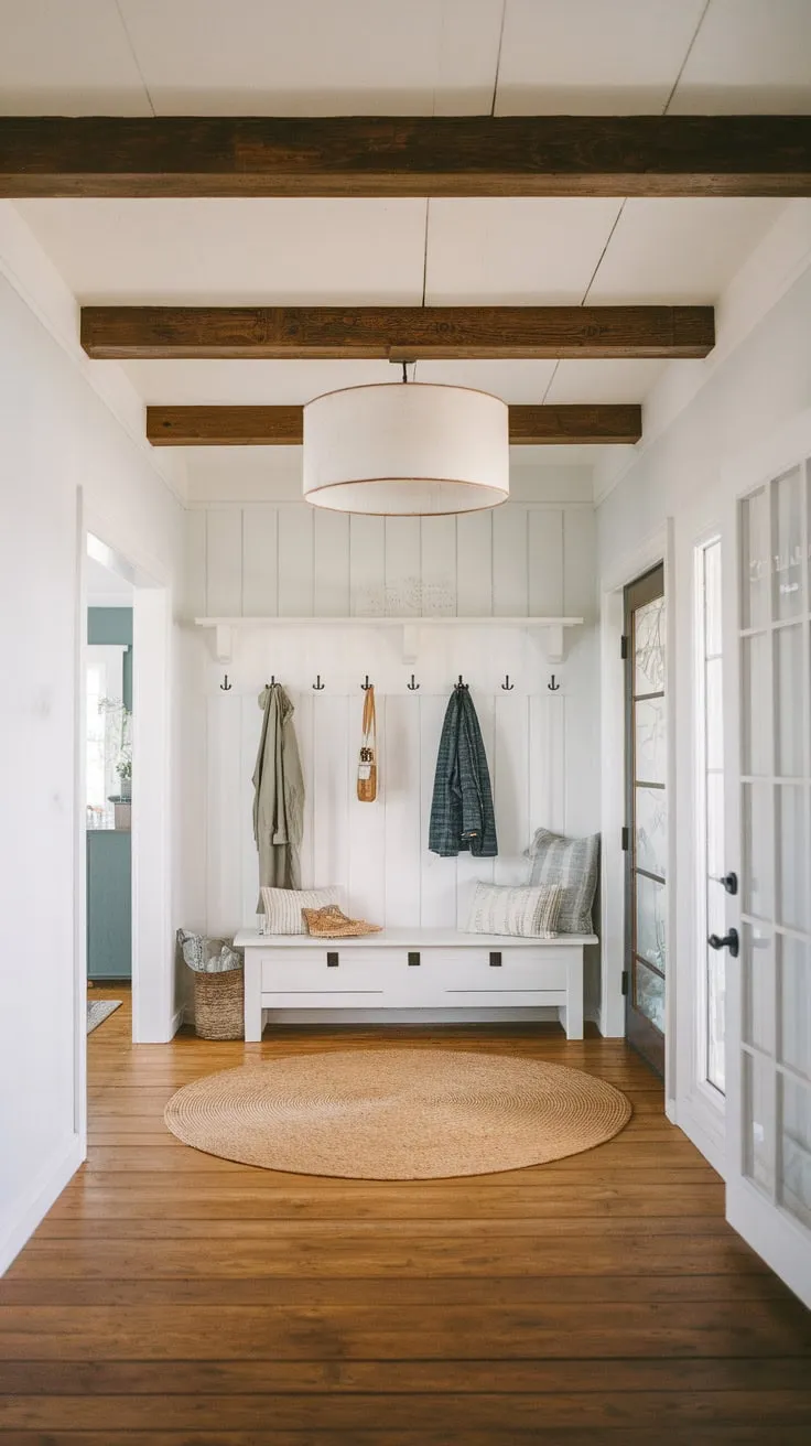 Faux wood beams crown a farmhouse-style foyer's boho charm