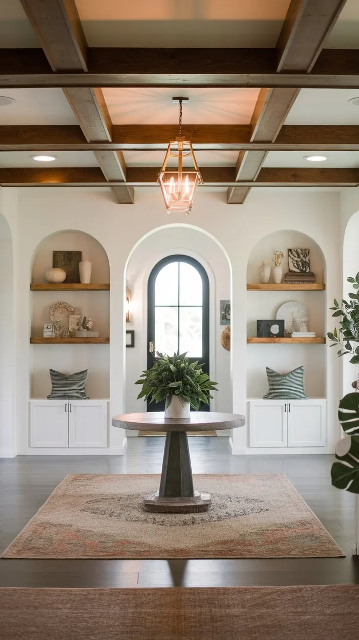 Faux wood beams crown a warm and inviting farmhouse foyer, its boho charm enhanced by patterned rugs and decorative shelving.