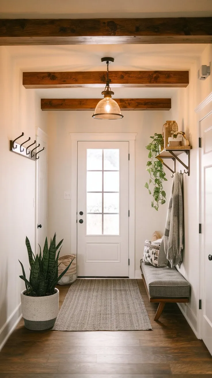 A boho farmhouse foyer's faux wood beam ceiling and warm lighting welcome guests into a cozy, plant-filled space.