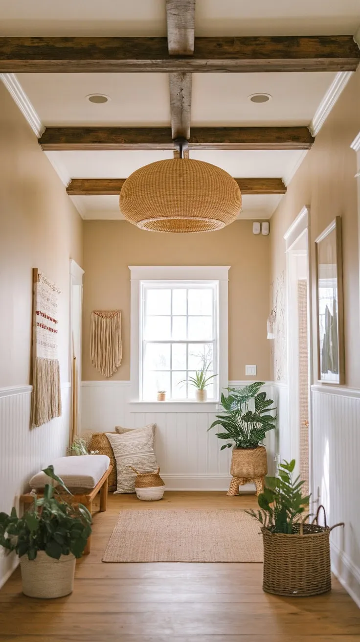 Rustic faux wood beams and a statement rattan lamp create a charming farmhouse-boho foyer ceiling above a warm wood floor.