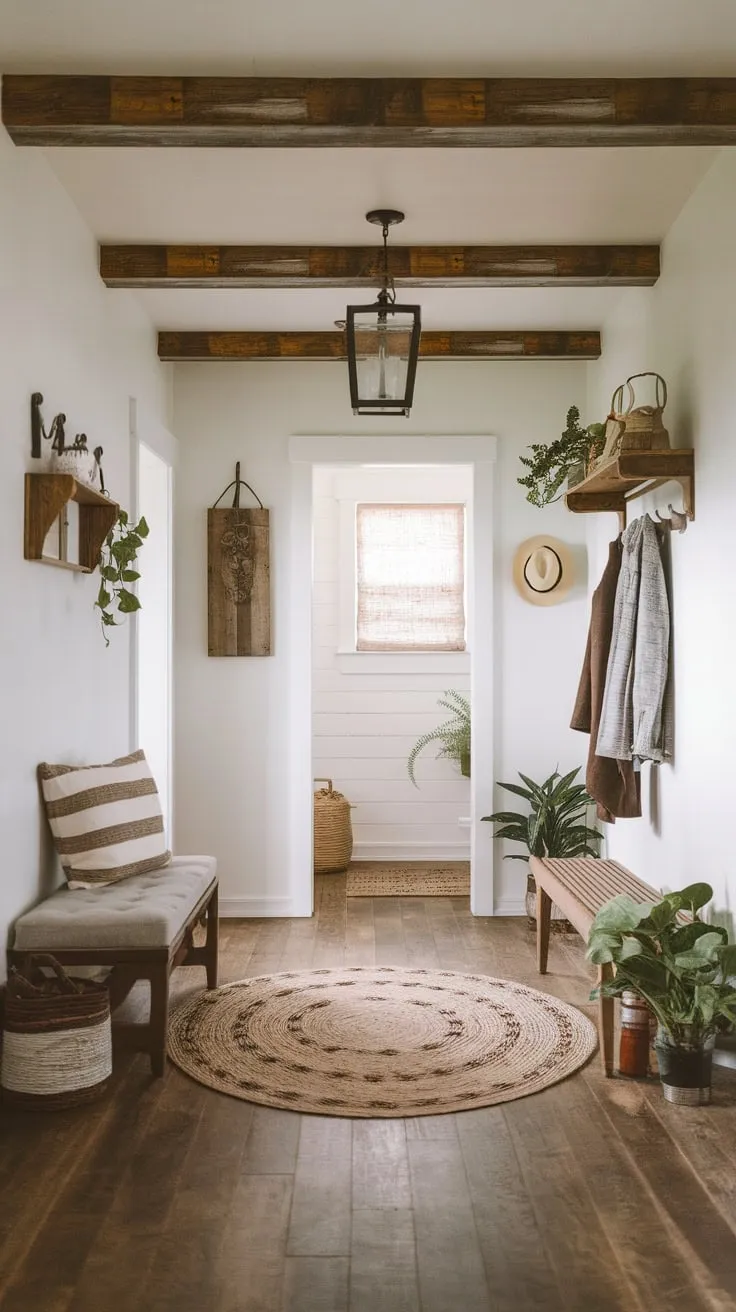 Faux wood beams crown a charming farmhouse foyer blending boho style with rustic warmth