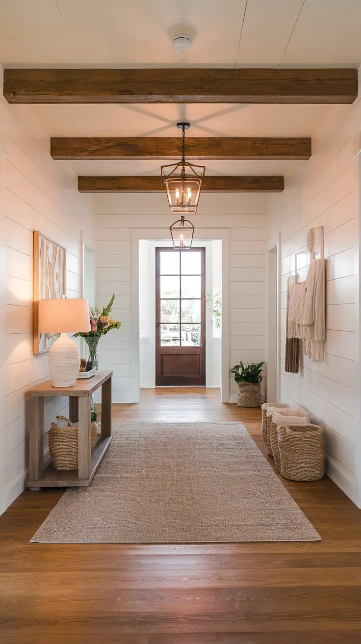 Warm lighting highlights faux wood beams in a farmhouse foyer's boho-chic ceiling