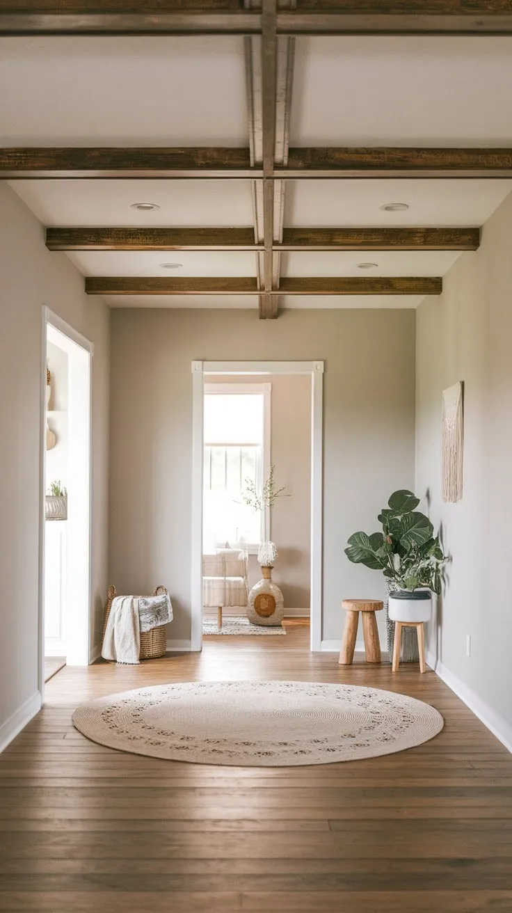 A warm, inviting farmhouse foyer boasts a boho aesthetic highlighted by a faux wood beam ceiling.