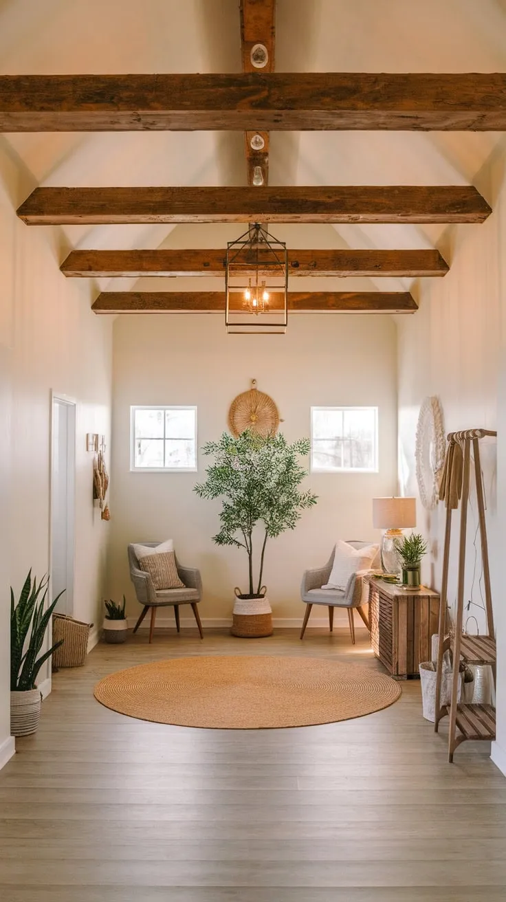 A high ceiling with exposed faux wood beams defines the warm and inviting boho-farmhouse foyer.