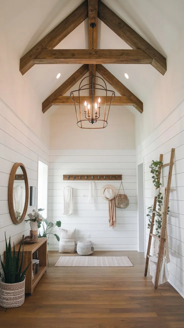 A rustic farmhouse foyer boasts a vaulted ceiling with faux wood beams, a large chandelier, and charming boho décor.
