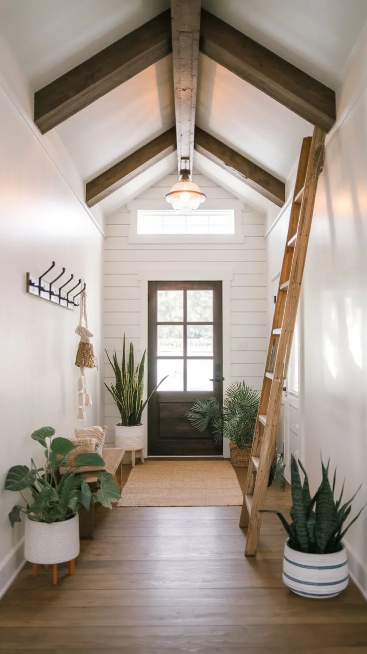 Warmth and rustic charm fill a boho farmhouse foyer featuring a high ceiling with faux wood beams and lush potted plants.