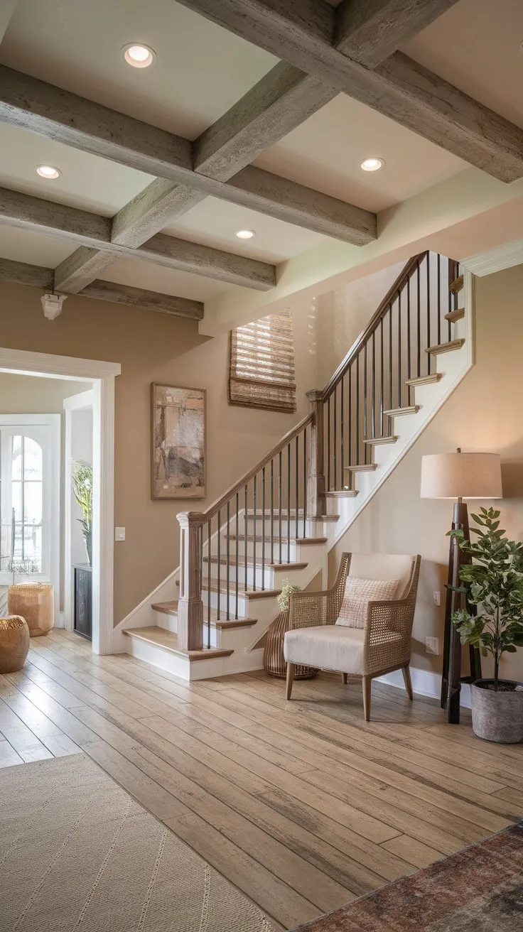 Faux wood beams crown a warm and cozy farmhouse foyer, enhancing its boho charm.