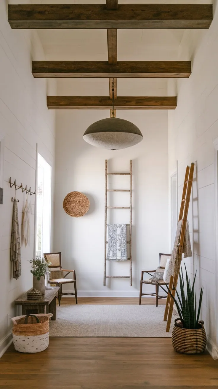 Faux wood beams crown a boho farmhouse foyer's wood floor, accented by a large pendant light and eclectic décor