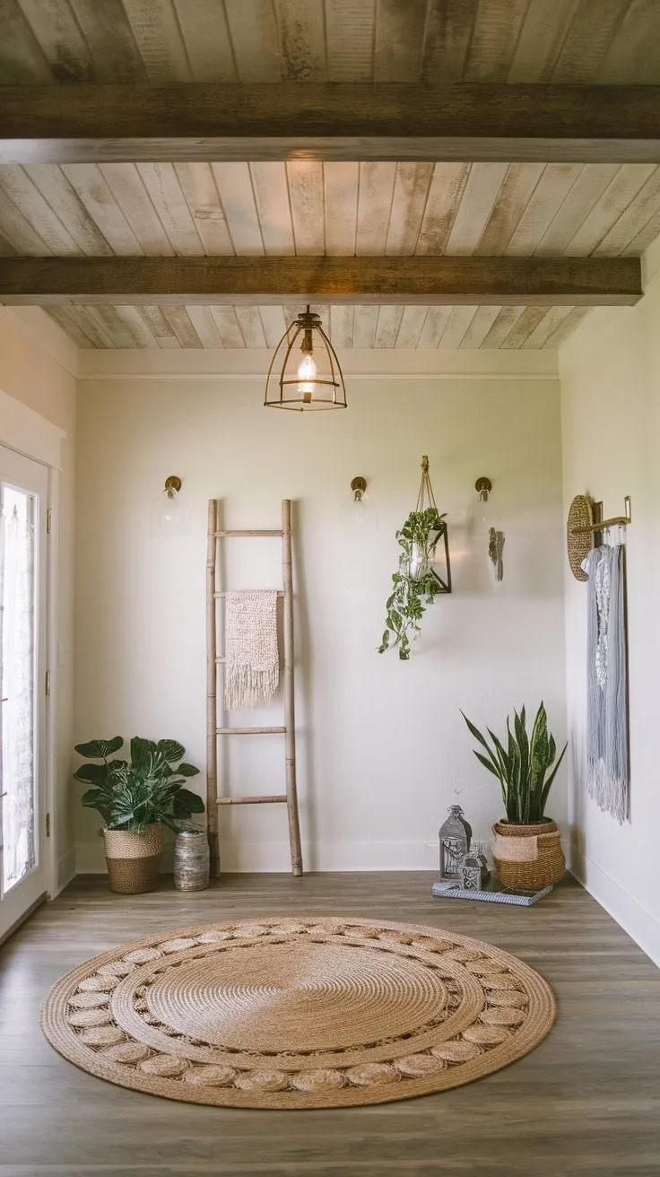 A wood-plank ceiling with faux beams anchors a boho farmhouse foyer, complemented by a woven rug and eclectic décor.