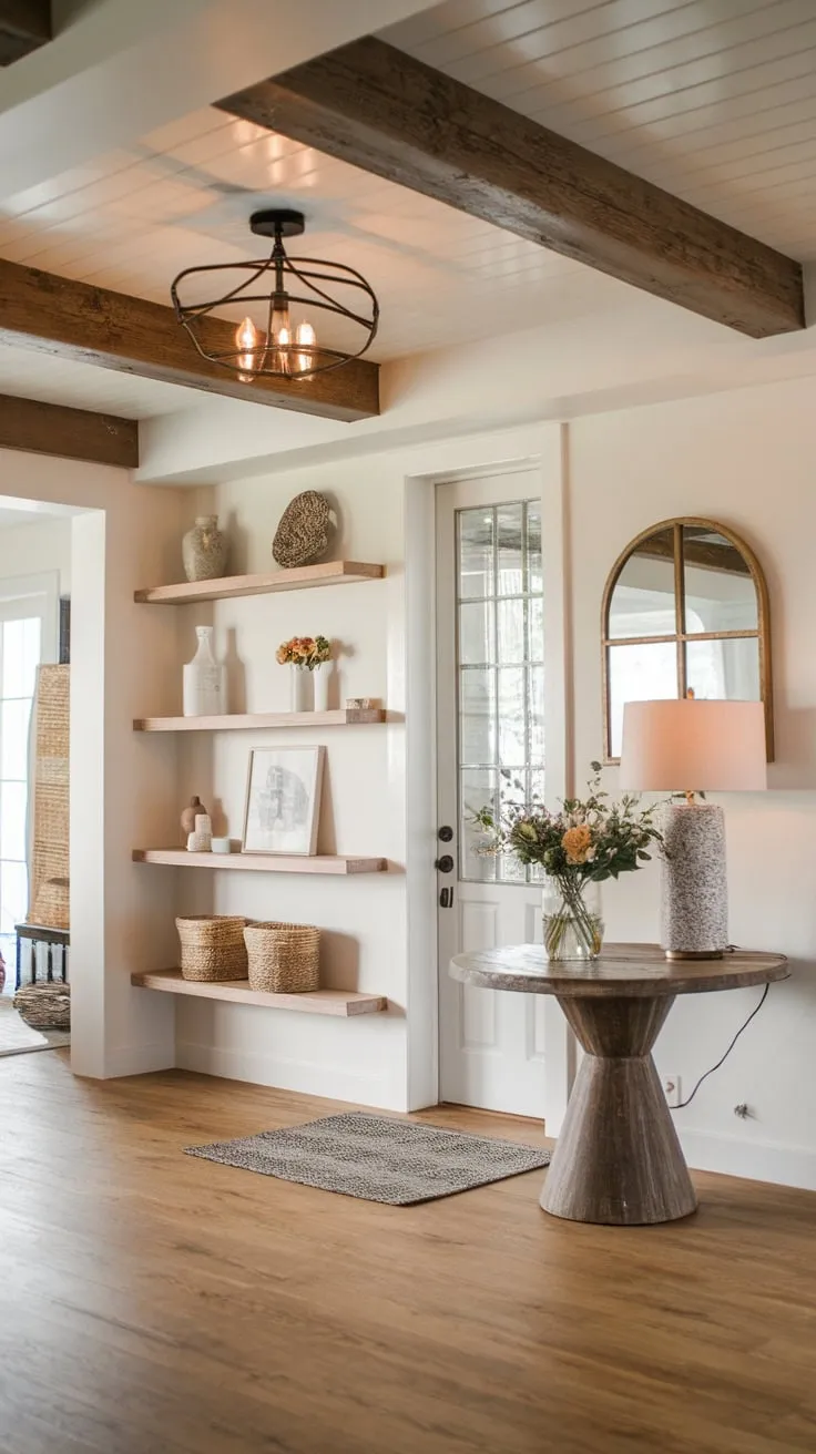 Warm lighting illuminates a farmhouse foyer's boho charm, highlighted by faux wood beams on the ceiling and rustic wood floors