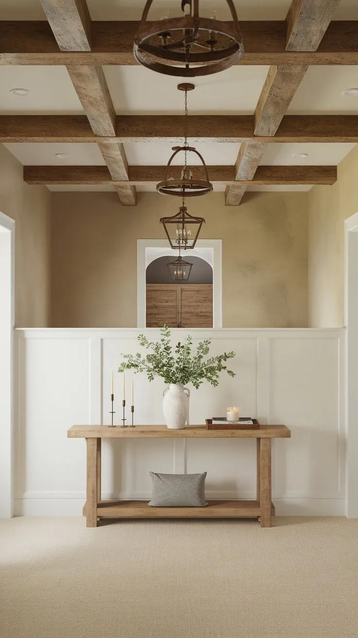 A farmhouse foyer's boho charm is amplified by a faux wood beam ceiling, rustic lighting, and carefully curated décor.