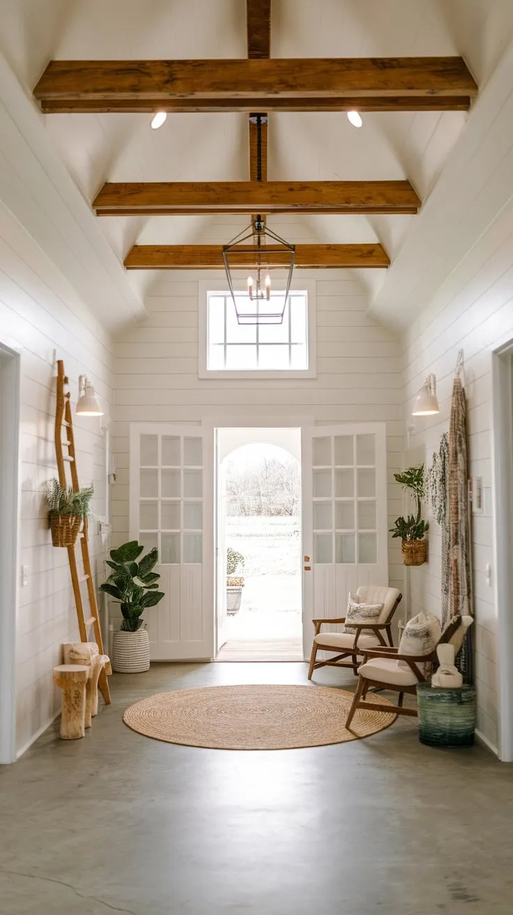 Boho style meets farmhouse charm in a high-ceilinged foyer featuring faux wood beams and a statement chandelier.