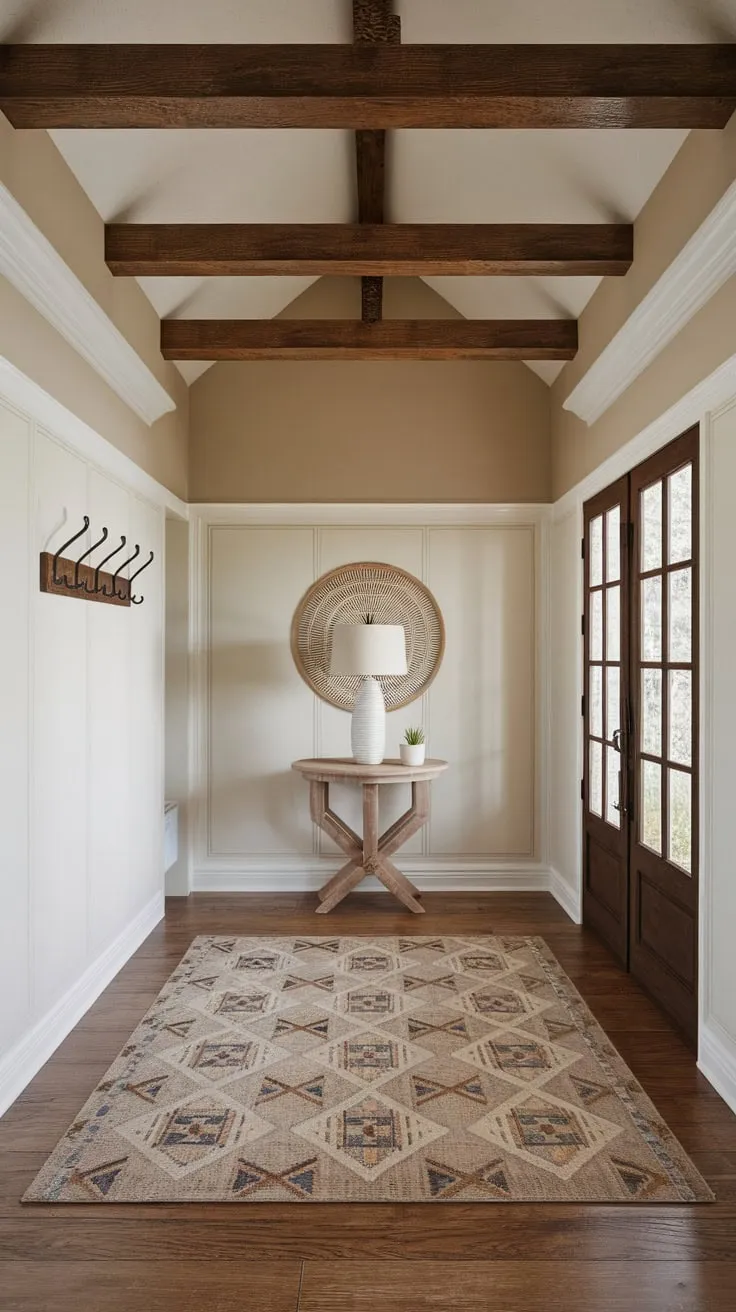 High ceilings adorned with faux wood beams define this farmhouse foyer's boho charm