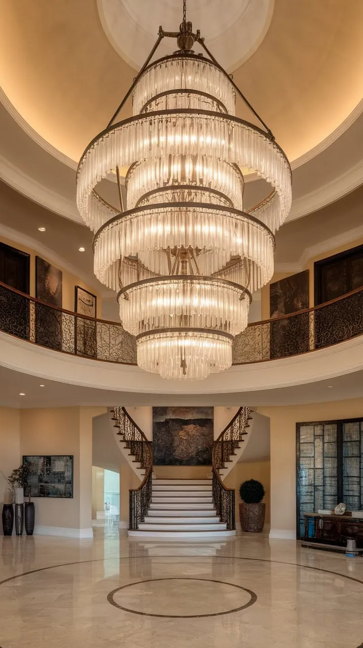 A warm glow from a multi-tiered chandelier bathes a stunning two-story foyer featuring a marble floor and grand staircase.