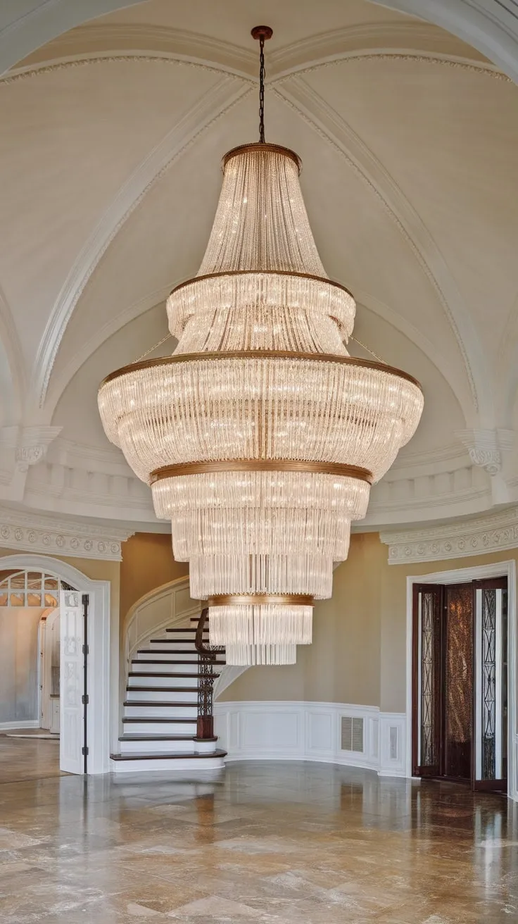 A magnificent crystal chandelier cascades two stories in a grand foyer, its sparkle reflected in the marble floor and accented by ornate moldings and a sweeping staircase
