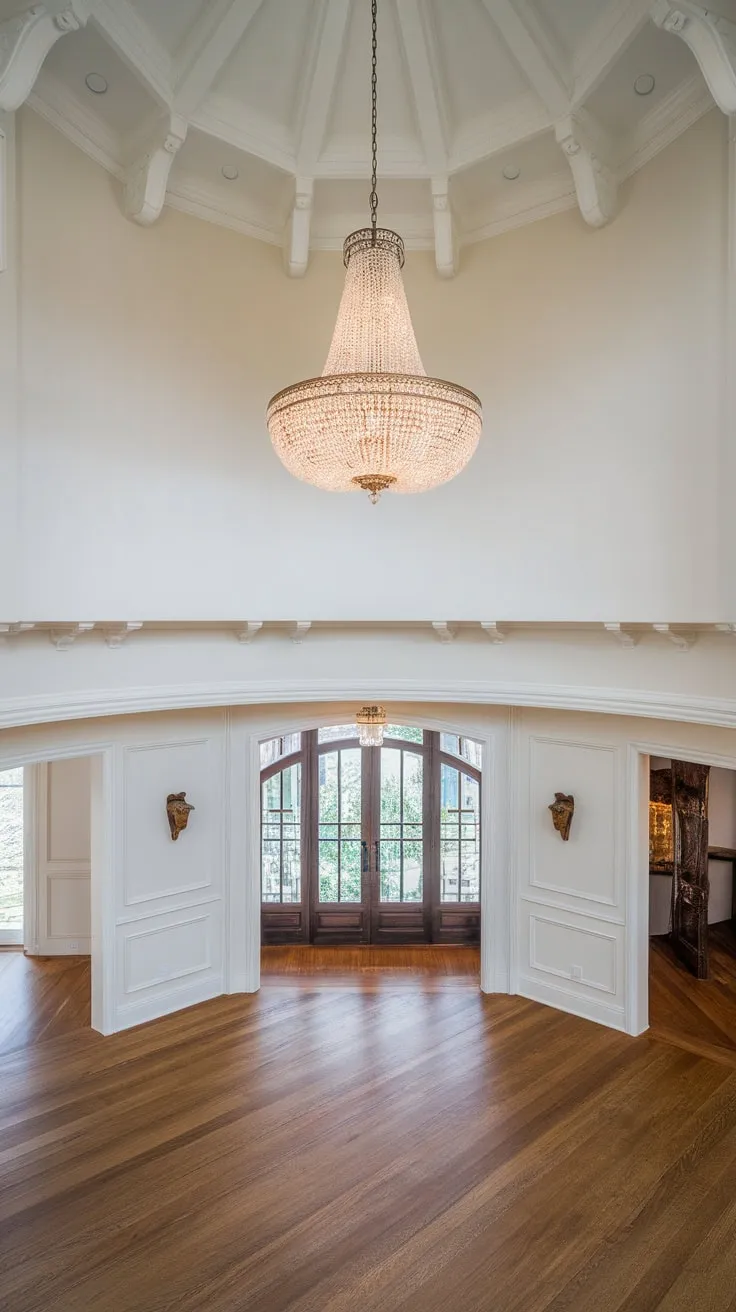 A majestic two-story foyer boasts a stunning crystal chandelier as its centerpiece, enhancing the high ceilings and elegant white walls.