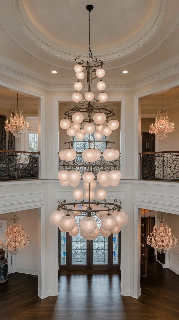 A grand two-story foyer boasts a magnificent tiered chandelier, complemented by smaller fixtures and rich dark wood floors, creating a luxurious ambiance