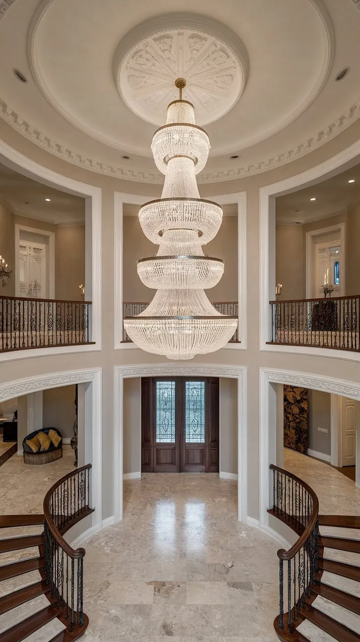 The grandeur of this two-story foyer is breathtaking, the large chandelier high ceilings a dazzling centerpiece.  Its intricate design, perfectly complementing the high ceiling chandelier and marble floors, transforms this space into a truly magnificent living room chandelier high ceiling.  The vaulted ceiling chandelier casts a warm glow, enhancing the architectural details and creating an unforgettable entrance.