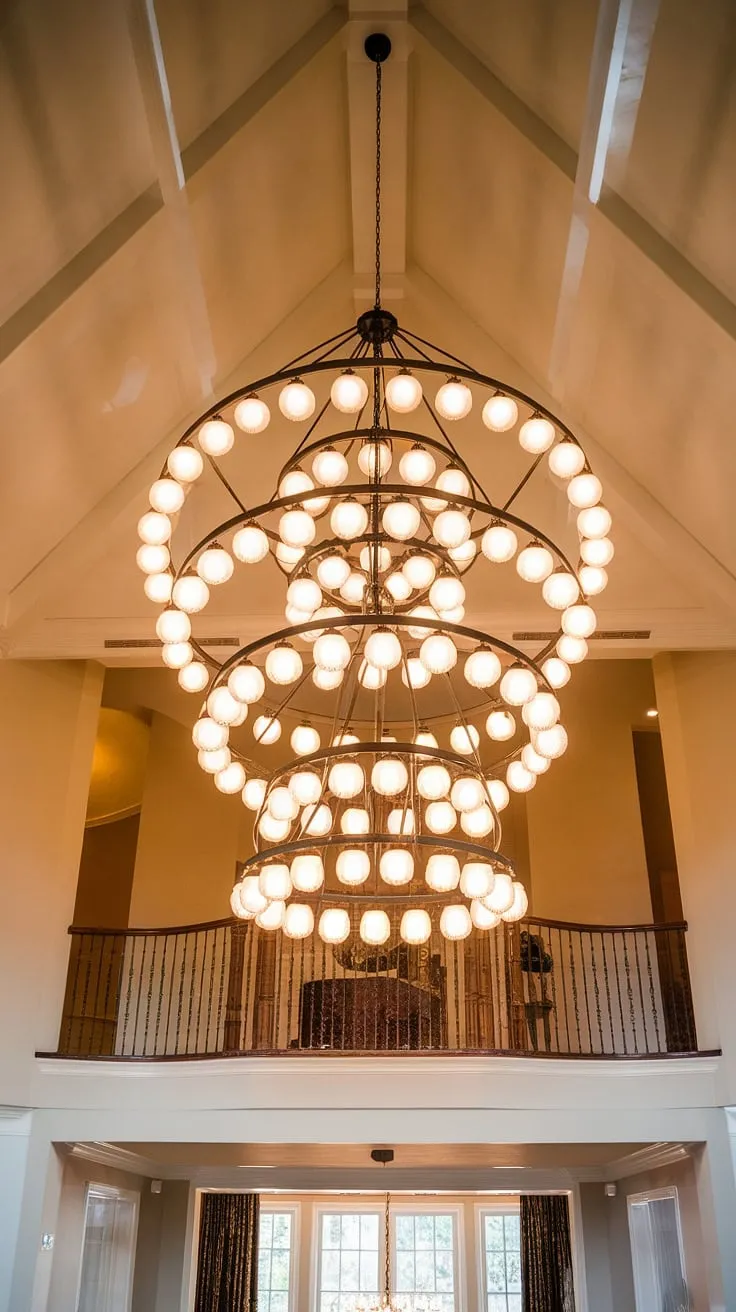 The dramatic arc of this large chandelier high ceilings, a stunning foyer chandelier, commands attention.  Its multiple tiers of light bathe the two-story foyer and the adjoining living room with a warm glow, perfectly complementing the high ceiling chandelier and vaulted ceiling chandelier design.  This living room chandelier high ceiling fixture is the ultimate statement piece for any great room.