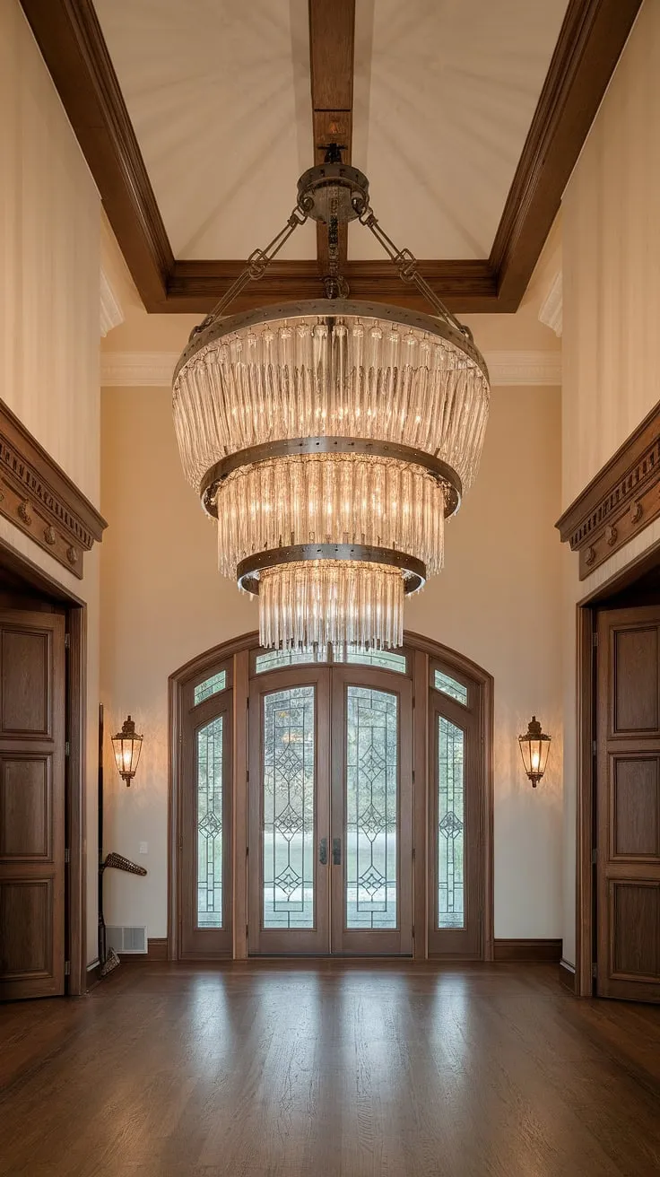 A breathtaking two-story foyer chandelier commands attention in this grand space.  The intricate glass and metalwork of this high ceiling chandelier, a true statement piece, perfectly complements the architectural details of the vaulted ceiling and hardwood floors. This living room chandelier high ceiling fixture transforms the great room into a breathtaking spectacle.