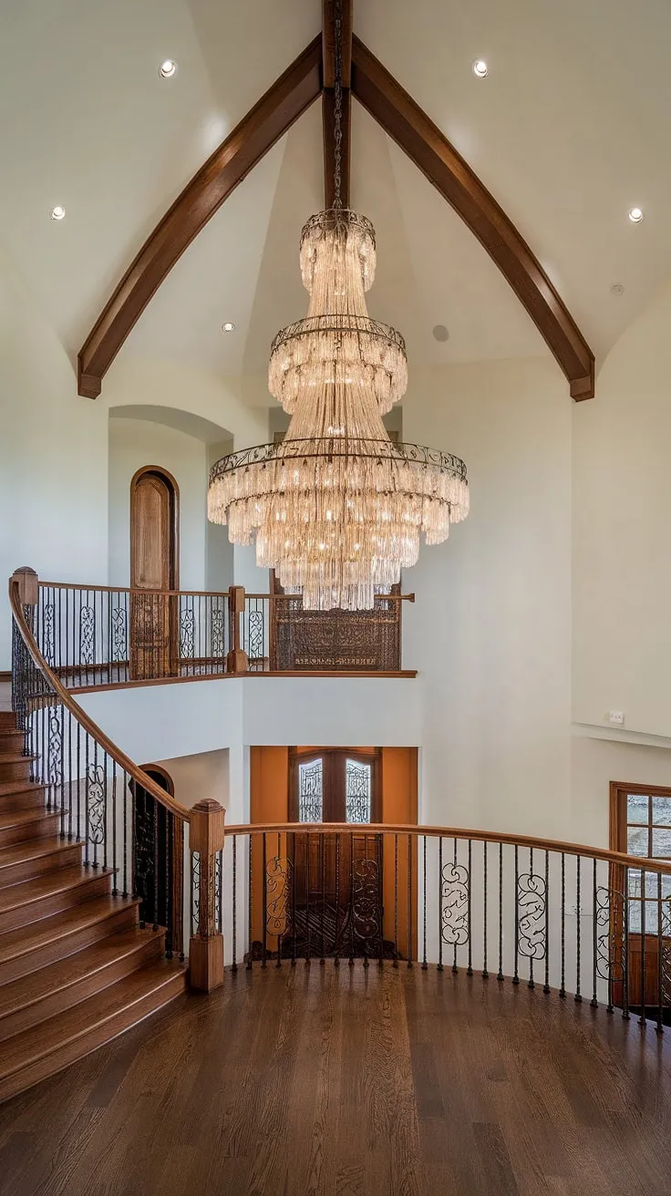 A magnificent high ceiling chandelier, a masterpiece of design, hangs proudly in this impressive two-story foyer. The large chandelier high ceilings create an atmosphere of unparalleled elegance, while the vaulted ceiling chandelier adds architectural grandeur.  The stunning foyer chandelier is the undeniable focal point, perfectly complementing the rich wood floors and the sweeping staircase.