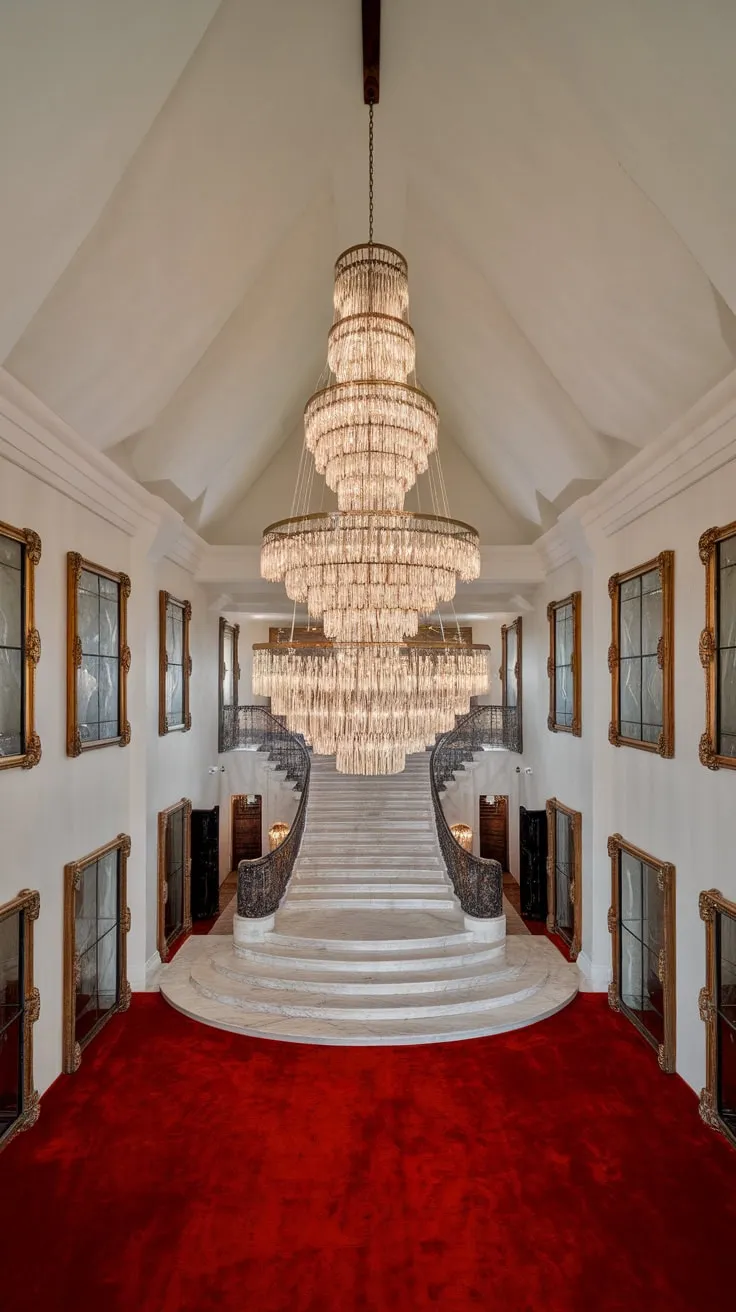 A majestic two-story foyer boasts a tiered crystal chandelier centered above a marble staircase its grandeur enhanced by a red carpet and gilded walls