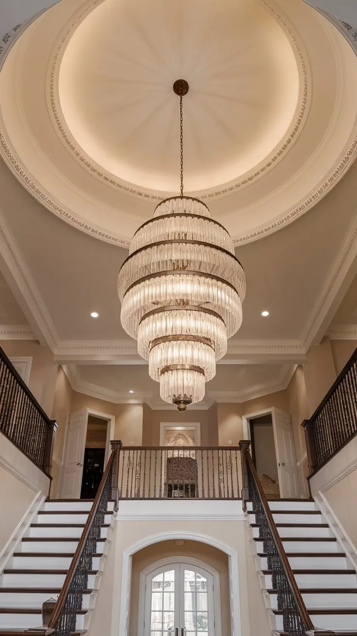 A grand two-story foyer boasts a magnificent tiered chandelier, its light cascading down ornate moldings and sweeping staircases