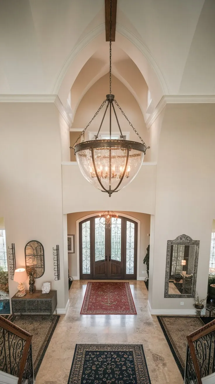 A magnificent chandelier cascades from the vaulted ceiling of a two-story foyer, its light reflecting off marble floors and tasteful accents.