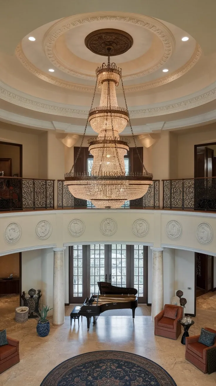 A magnificent two-story foyer boasts a grand piano, marble floors, and a breathtaking multi-tiered crystal chandelier as its centerpiece