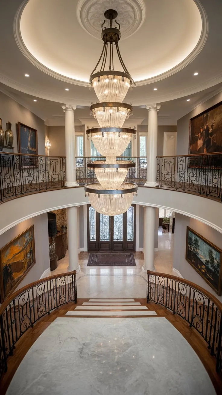 A grand two-story foyer boasts a stunning glass and metal chandelier illuminating a marble floor and elegant staircase