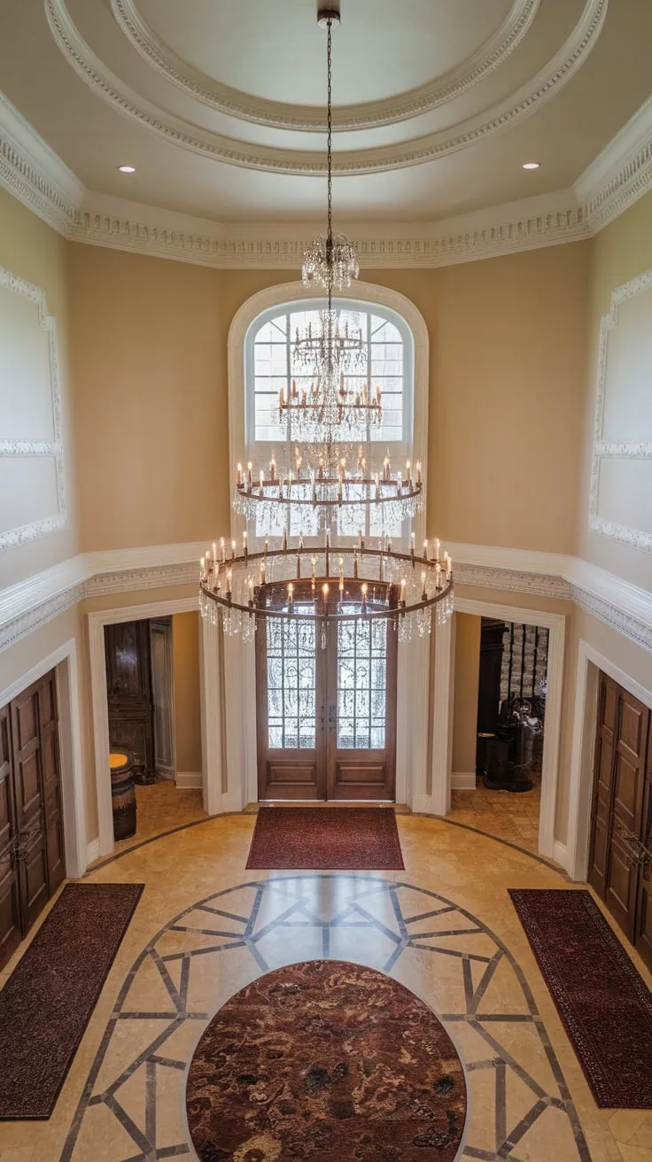 A grand two-story foyer boasts a magnificent tiered chandelier illuminating patterned floors and ornate moldings