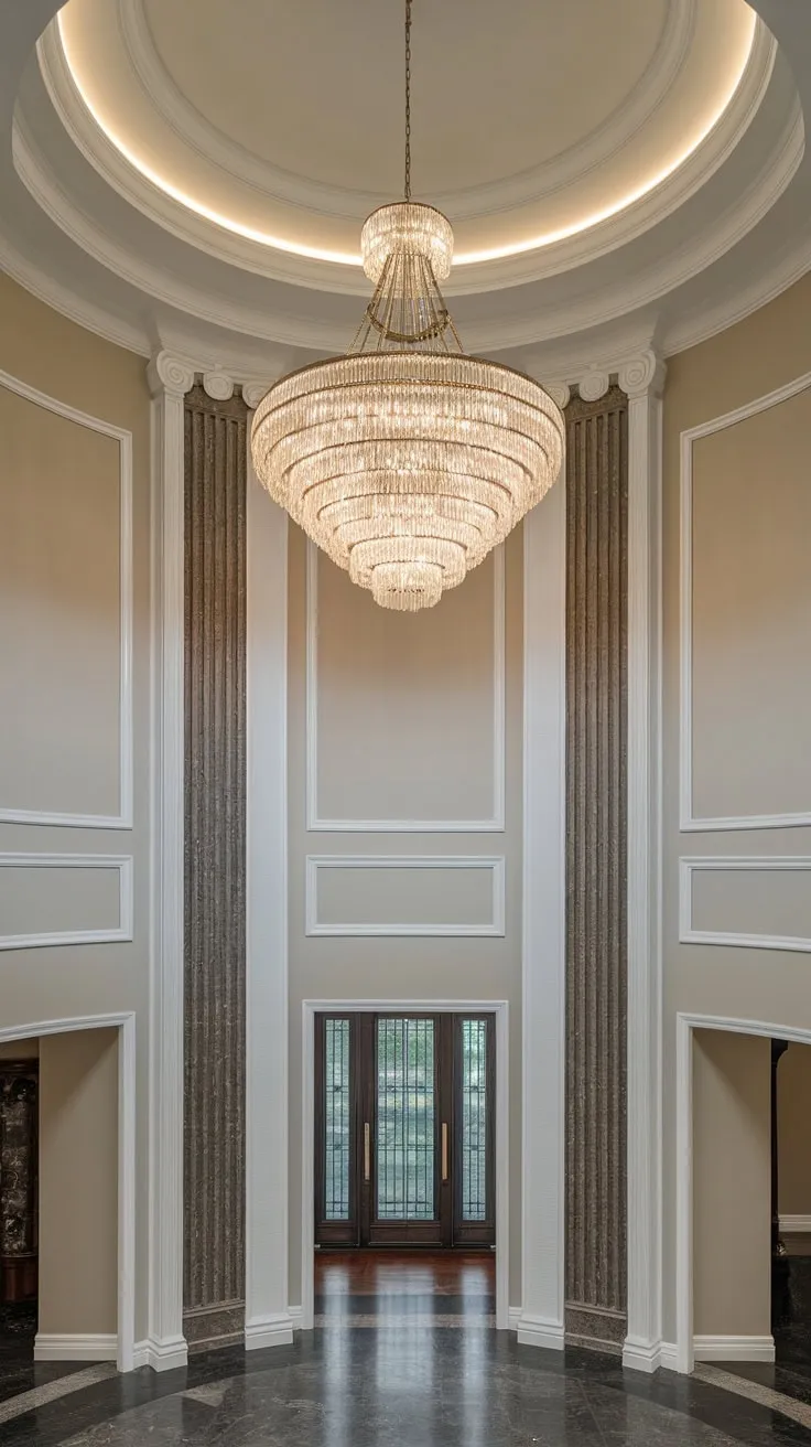A grand chandelier cascades through a dramatic two-story foyer, its crystals sparkling against dark marble and elegant columns