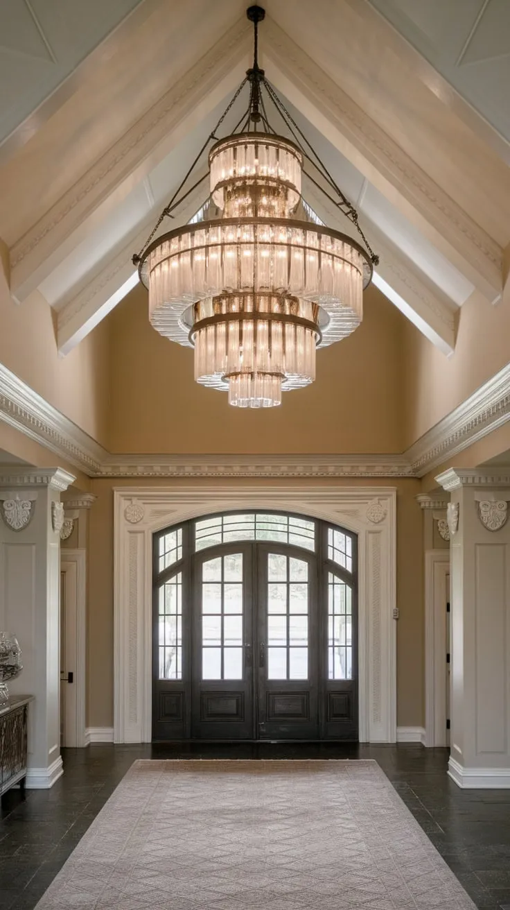 A stunning two-story foyer is dramatically illuminated by a large, layered chandelier suspended from a vaulted ceiling, showcasing the room's elegant moldings and patterned rug.