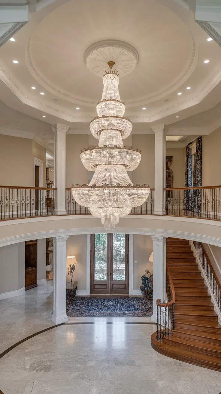 A large chandelier high ceilings, this stunning foyer chandelier is the undisputed focal point of this impressive two-story home.  The intricate tiers of crystals shimmer and dance in the light, casting a mesmerizing glow across the expansive marble floor.  The high ceiling chandelier's grandeur is further enhanced by the elegant staircase and detailed architectural moldings, creating a truly unforgettable entrance.