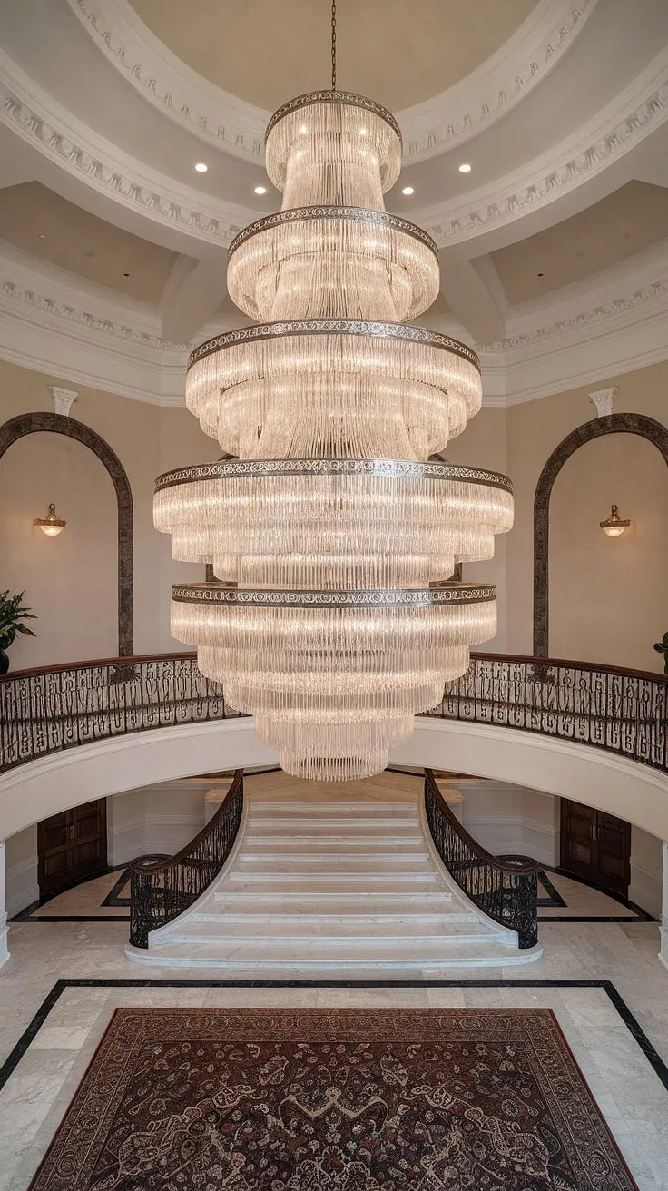 The sheer scale of this large chandelier high ceilings is awe-inspiring.  A magnificent vaulted ceiling chandelier, this stunning foyer chandelier, spanning two stories, casts a dazzling glow across the expansive foyer. The intricate crystal work and its placement above the marble staircase create an unforgettable entrance, showcasing the perfect marriage of architectural grandeur and luminous beauty.  This high ceiling chandelier is a true masterpiece.
