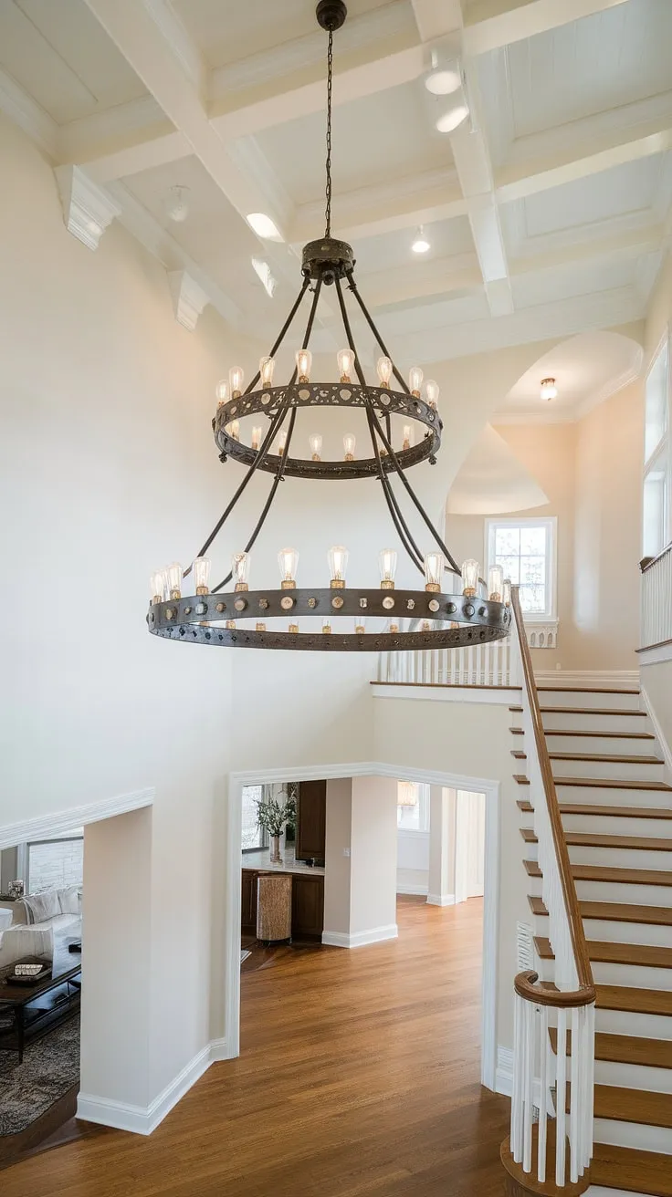A large chandelier high ceilings commands attention in this stunning two-story foyer. The high ceiling chandelier's dazzling display of light enhances the architectural grandeur of the space, while the foyer chandelier itself becomes a work of art.  The expansive great room chandelier perfectly complements the rich wood floors and the elegant staircase ascending to the second floor.