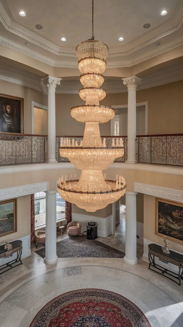 A large chandelier high ceilings commands attention in this impressive great room. The vaulted ceiling chandelier's intricate design is perfectly showcased in the spacious two-story foyer, its light dancing across the rich textures and artwork below.  The high ceiling chandelier is a stunning focal point, transforming the space into a palatial haven.