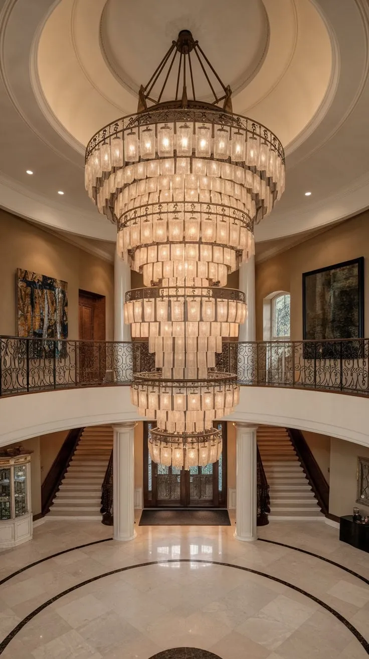 A magnificent multi-tiered glass and metal chandelier illuminates a grand two-story foyer with marble floors and a sweeping staircase