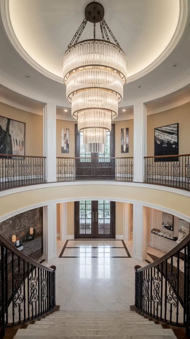 A grand two-story foyer showcases a magnificent tiered glass and metal chandelier illuminating a marble floor and elegant staircase