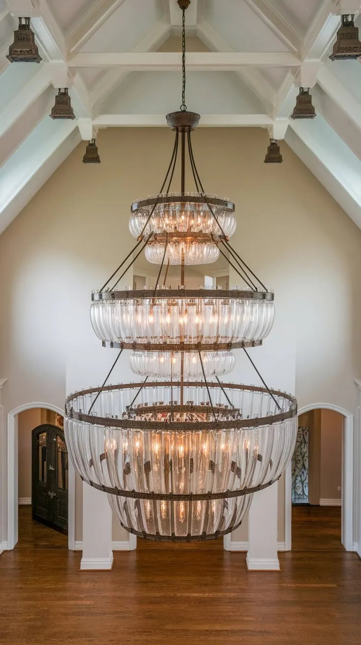 A magnificent multi-tiered glass and metal chandelier illuminates a grand two-story foyer with a vaulted ceiling and hardwood floors