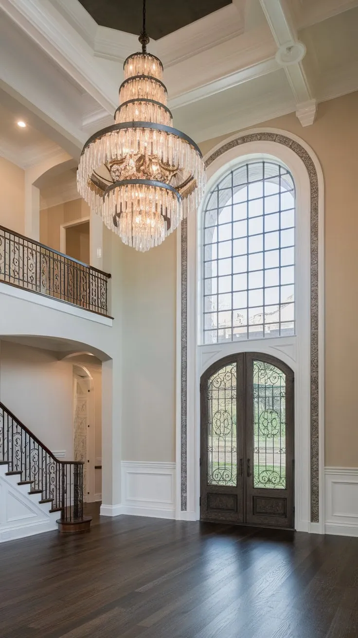 A stunning two-story foyer features a magnificent tiered chandelier, dark hardwood floors, and an elegant staircase.