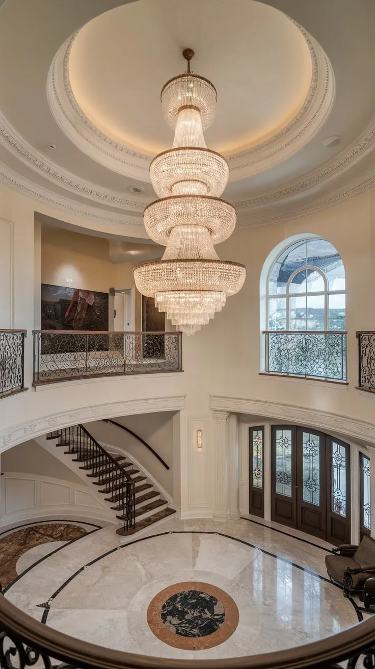 A grand crystal chandelier illuminates a luxurious two-story foyer with marble floors ornate moldings and a sweeping staircase