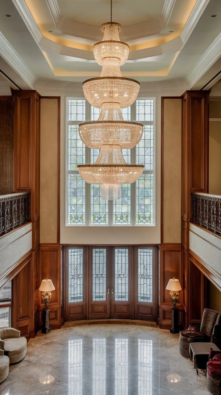 Elegant marble and wood define a luxurious two-story foyer dramatically illuminated by a tiered crystal chandelier.