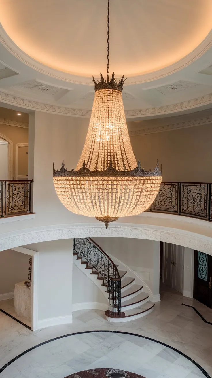 Crystal beads shimmer from a magnificent chandelier in a high-ceilinged two-story foyer, casting a warm glow on the elegant space.