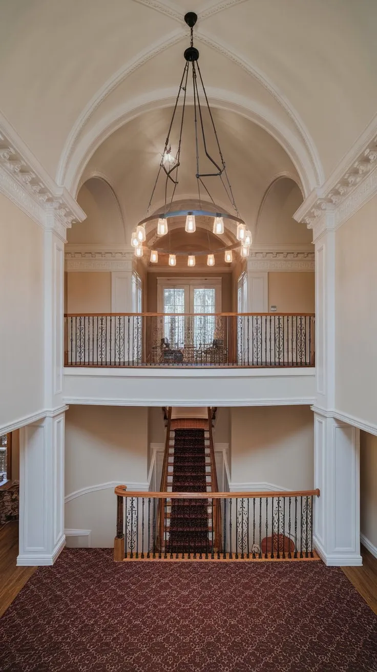 A grand two-story foyer boasts a dramatic chandelier cascading to a richly patterned carpet below, framed by ornate molding and a sweeping staircase.