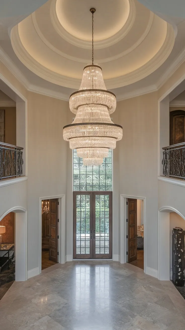 A majestic two-story foyer boasts a multi-tiered crystal chandelier, creating a luxurious ambiance.